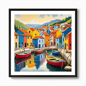 Ancient Fishing Village With Harbor Cubism Style Art Print