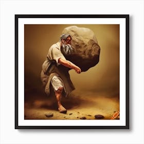 In Ancient Time Old Peasant Pushing Rock From A Dirt Roadwy Art Print