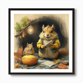 Squirrels Reading A Book Art Print