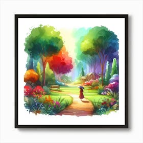 Watercolor Of A Girl In The Garden Art Print