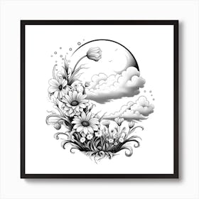 Moon And Flowers,A black and white drawing of flowers and clouds Art Print