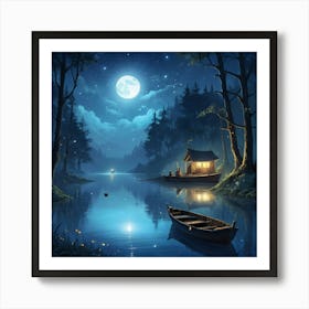 Albedobase Xl Lone Fishing Boat With A Lantern Lit With Blue L 1 Art Print