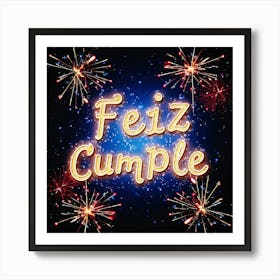 Feliz cumple and Feliz cumpleaños sign means Happy Birthday in Spanish language, Birthday party celebration gift with birthday cake candle colorful balloons best congratulation over light backgroundFiez Cumple Art Print