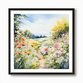 Watercolor Of A Path of Flowers  Art Print