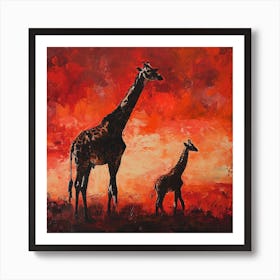 Giraffe & Calf In The Sunset Red Brushstrokes 2 Art Print