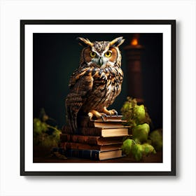 Owl On Books, An Owl Perched On A Stack Of Books Symbolizing Wisdom And Learning 7 Art Print