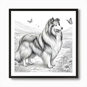 Line Art Collie dog 3 Art Print