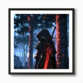 A swordsman in a forest, he has a red sword (1) Art Print