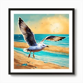 Seagull On The Beach Art Print