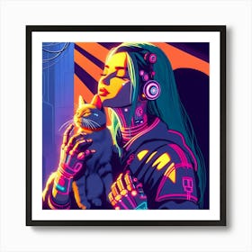 Neon Girl With Cat Art Print