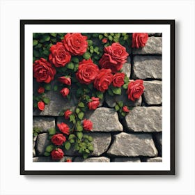 Red Climbing Roses On Stone Wall Art Print