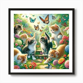 Playful Kittens In The Garden Wall Print Art A Delightful Scene Of Kittens Exploring A Garden With Flowers And Butterflies, Perfect For Adding A Touch Of Joy To Any Room Art Print
