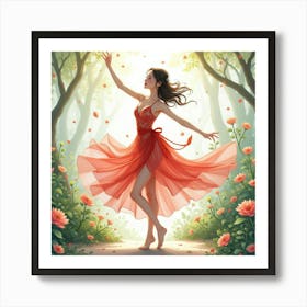 Beautiful Dancer In Watercolor Magical Garden 1 Art Print