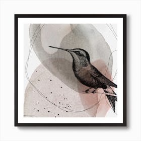 Feathered Friends Hummingbird Brown & Pink Square Art Print