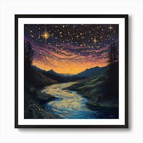 Starry Twilight River – Dreamy Landscape Wall Art Of Flowing Stream And Sunset Sky Art Print