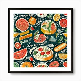 Seamless Pattern Of Fruits And Vegetables, Food And Drink Seamless Pattern, Foodie Traveler A Delicious Pattern Featuring Iconic Dishes From Different Countries Art Print