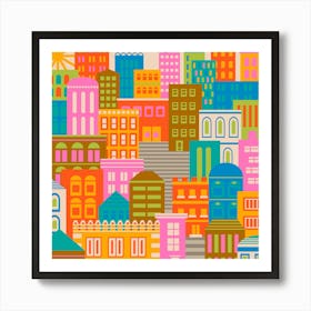 CITY LIGHTS BY DAY Vintage Travel Poster Square Layout with Geometric Architecture Buildings in Bright Rainbow Colours Orange Yellow Pink Green Blue Brown Cream on Cream Art Print