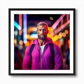 Young Man In Pink Hoodie Standing In The City Art Print