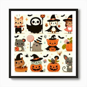 Cats In Halloween Costumes - Cute Vector style Illustration Art Print