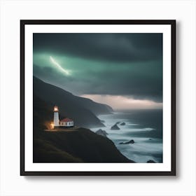 Lightning Storm Over A Lighthouse Landscape Art Print