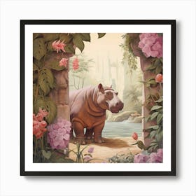 Hippopotamus 2 Pink Jungle Animal Portrait Art Print