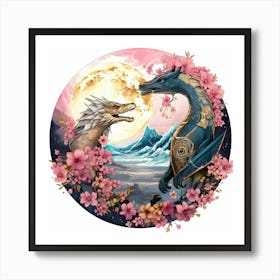 Dragon And Cherry Blossoms Yin Yang Art Print