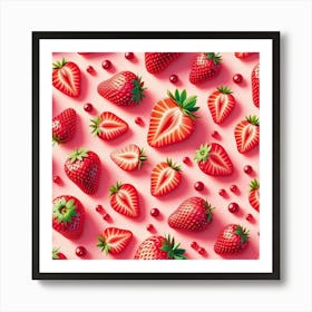 Seamless Pattern Of Strawberries On Pink Background Poster