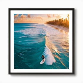 Aerial Photography Capturing A Surfer Amidst Azure Waves Tropical Beach In The Background Palm Tre (4) Art Print