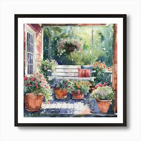 The Porch at The Farmhouse | Swing and Potted Plants Watercolor Painting | Idyllic Country Living Home Sweet Home Americana Art Print