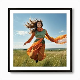 A Youthful Female Exuding Vitality Engaged In Jumping With Unrestrained Joy Sporting Healthy Slim (2) Art Print