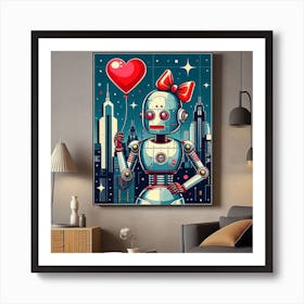 A Bold and Colorful Pop Art Painting of a Robot with Pearl Earrings and a Red Bow, Holding a Heart-Shaped Balloon in a Cityscape Art Print
