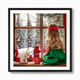 Firefly Little Girl, Blonde, Red Bow, Green Dress, Looking Out, Window, Snow Covered Forest, Fabulou (2) Art Print