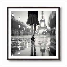 Black and white Paris with Eiffel Tower in rainy night  Art Print