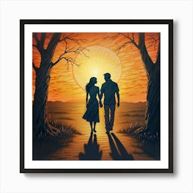 Couple Holding Hands At Sunset 1 Art Print