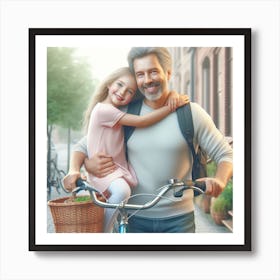 Father And Daughter On A Bicycle Art Print