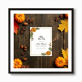 An Autumn Themed Holiday Card Adorning A Vintage Rustic Wooden Finish Laden With A Hand Drawn Dispu (1) Art Print