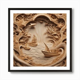 375291 Wooden Sculpture Of A Seascape, With Waves, Boats, Xl 1024 V1 0 Art Print