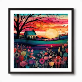 Watercolor Folk Art Sunset #2 Art Print