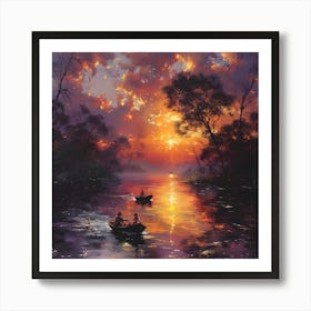 Sunset On The River, In Warm Colors, Impressionism, Surrealism Art Print