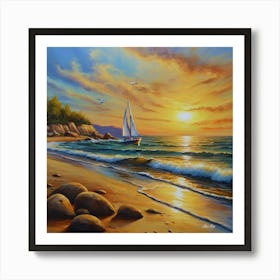 Oil painting design on canvas. Sandy beach rocks. Waves. Sailboat. Seagulls. The sun before sunset.10 Art Print