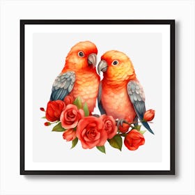 Two Parrots With Roses 1 Art Print