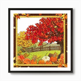 A Seasonal And Highly Detailed Illustration Featuring A Sun Dappled Oak Its Red And Brown Leaves Da 1 Art Print