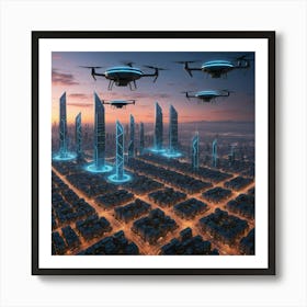 Futuristic Cityscape With Drones 1 Art Print