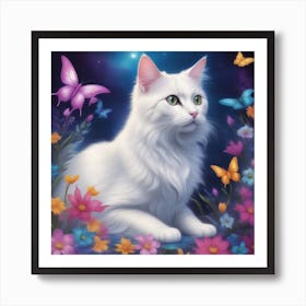 White Cat With Butterflies Art Print