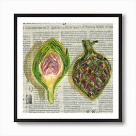 Artichokes On Newspaper Vegetables Kitchen Minimal Food Deco Painting Art Print