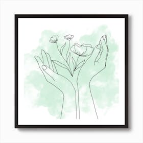 Hands Holding Flowers Vector Illustration Art Print