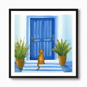 Greek Blue Door Cat Art Print Painting(2) Art Print