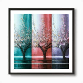 Three different paintings each containing cherry trees in winter, spring and fall 9 Art Print