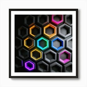 Hexagonal shapes with neon lights, futuristic, cyberpunk, background 16 Art Print