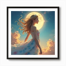 Gorgeous Woman In Watercolor Dress, Celestial Dreamscape 1 Art Print